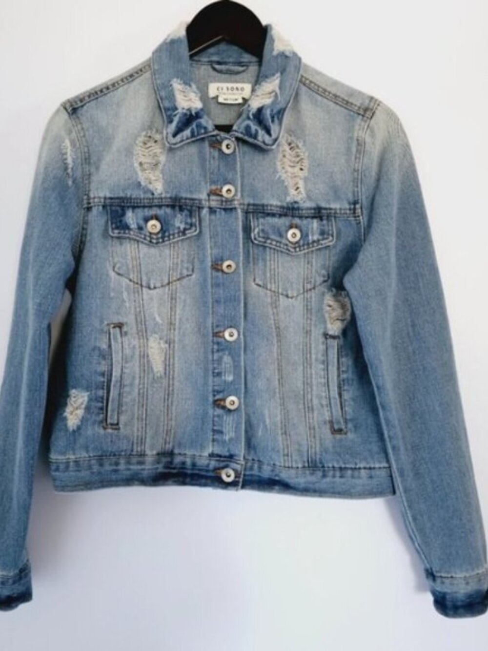 CISONO Medium Natural Distressed Blue Button Front Cotton blend Denim Jacket